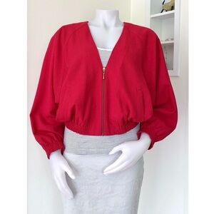 1980s oversized dolman bright red collarless long sleeve zipper jacket